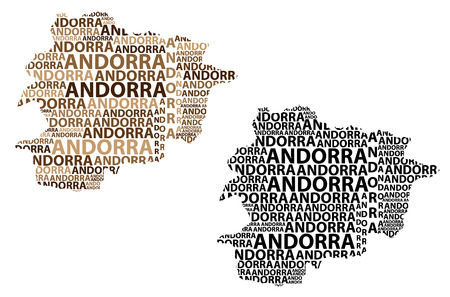 Sketch Andorra letter text map, Andorra - in the shape of the continent, Map of Principality of the Valleys of Andorra - black and brown vector illustrationのイラスト素材