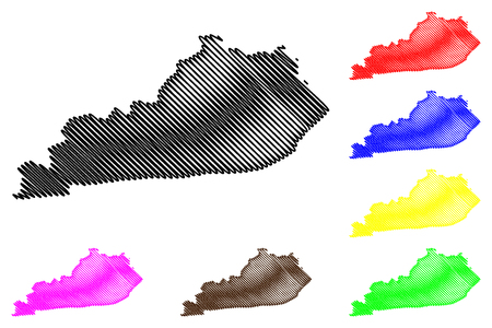 Kentucky map vector illustration, scribble sketch  Kentucky map black, red, blue, green, yellow, purpleのイラスト素材