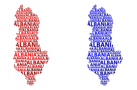 Sketch Albania letter text map, Albania - in the shape of the continent, Map of Republic of Albania - red and blue vector illustrationのイラスト素材