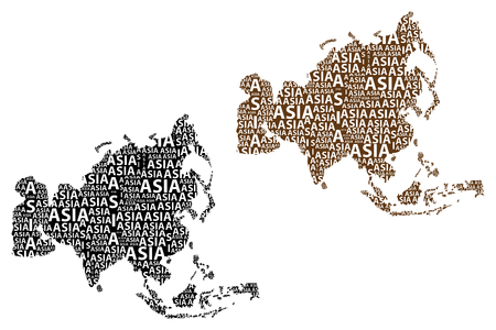 Sketch Asia letter text continent, Asia word - in the shape of the continent, Map of continent Asia - brown and black vector illustrationのイラスト素材