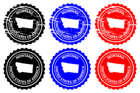 Montana - rubber stamp - vector, Montana (United States of America) map pattern - sticker - black, blue and redのイラスト素材