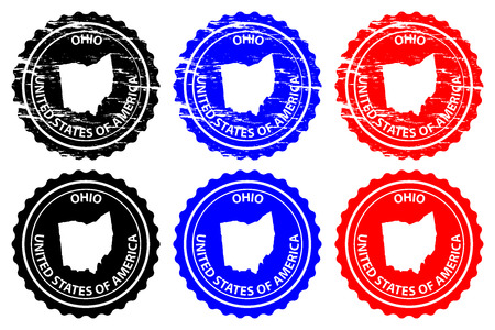 Ohio - rubber stamp - vector, Ohio (United States of America) map pattern - sticker - black, blue and redのイラスト素材