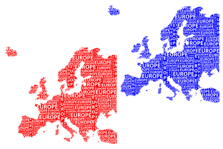 Sketch Europe letter text continent, Europe word - in the shape of the continent, Map of continent Europe - red and blue vector illustrationのイラスト素材