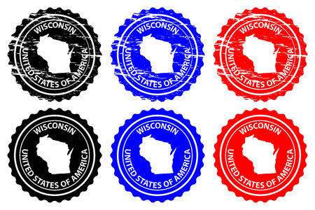 Wisconsin - rubber stamp - vector, Wisconsin (United States of America) map pattern - sticker - black, blue and redのイラスト素材
