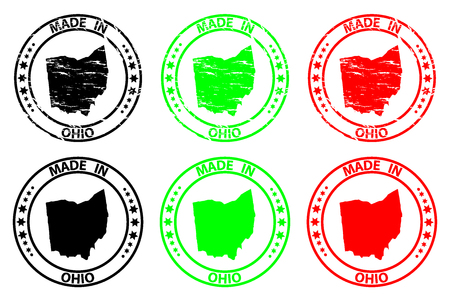 Made in Ohio - rubber stamp - vector, Ohio (United States of America) map pattern - black, green and redのイラスト素材
