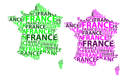 Sketch France letter text map, French Republic - in the shape of the continent, Map France - green and purple vector illustrationのイラスト素材