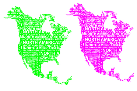 Sketch North America letter text continent, North America word - in the shape of the continent, Map of continent North America - green and purple vector illustrationのイラスト素材