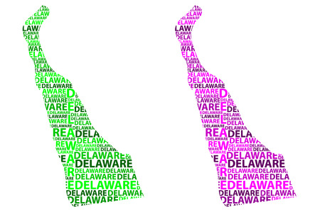 Sketch Delaware (United States of America, The First State, The Small Wonder, Blue Hen State, The Diamond State) letter text map, Delaware map - in the shape of the continent, Map Delaware - green and purple vector illustrationのイラスト素材