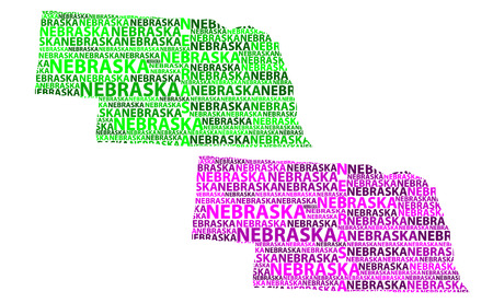 Sketch Nebraska (United States of America, Cornhusker State) letter text map, Nebraska map - in the shape of the continent, Map Nebraska - green and purple vector illustrationのイラスト素材