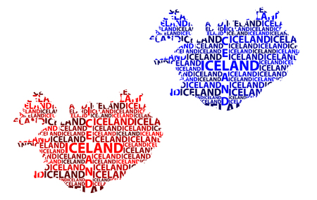 Sketch Iceland letter text map, Nordic island country - in the shape of the continent, Map Iceland - red and blue  illustrationのイラスト素材