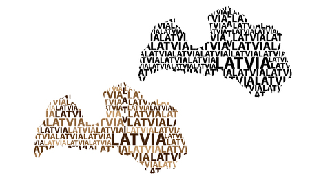 Sketch Latvia letter text map, Republic of Latvia - in the shape of the continent, Map Latvia - brown and black vector illustrationのイラスト素材