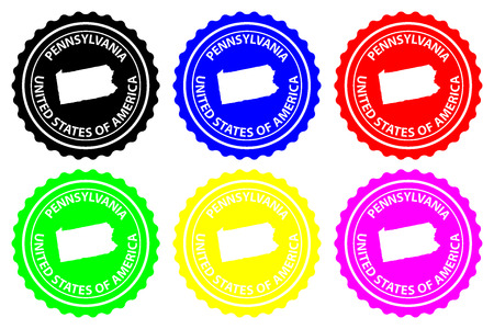 Pennsylvania - rubber stamp - vector, Pennsylvania (United States of America) map pattern - sticker - black, blue, green, yellow, purple and redのイラスト素材