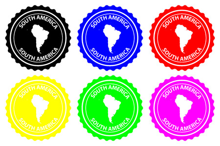 South America - rubber stamp - vector, South America continent map pattern - sticker - black, blue, green, yellow, purple and redのイラスト素材