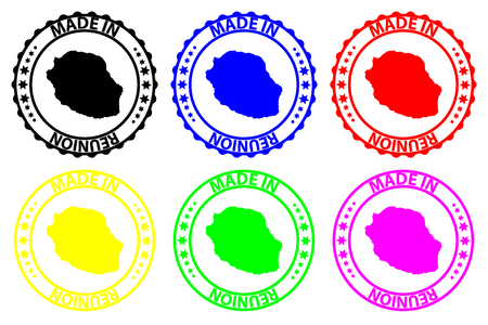 Made in Reunion - rubber stamp - vector, La Reunion map pattern - black, blue, green, yellow, purple and redのイラスト素材