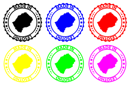 Made in Lesotho - rubber stamp - vector, Lesotho map pattern - black, blue, green, yellow, purple and redのイラスト素材