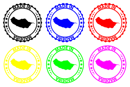 Made in Madeira - rubber stamp - vector, Madeira map pattern - black, blue, green, yellow, purple and redのイラスト素材