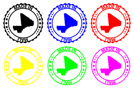 Made in Mali - rubber stamp - vector, Mali map pattern - black, blue, green, yellow, purple and redのイラスト素材