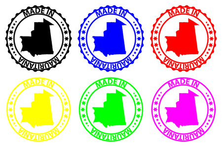 Made in Mauritania - rubber stamp - vector, Mauritania map pattern - black, blue, green, yellow, purple and redのイラスト素材