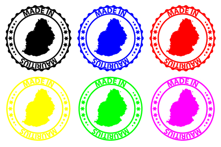 Made in Mauritius - rubber stamp - vector, Republic of Mauritius island map pattern - black, blue, green, yellow, purple and redのイラスト素材