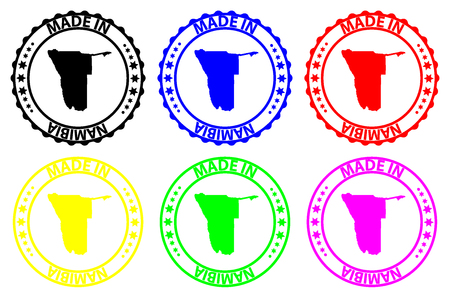 Made in Namibia - rubber stamp - vector, Namibia map pattern - black, blue, green, yellow, purple and redのイラスト素材