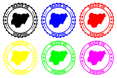 Made in Nigeria - rubber stamp - vector, Nigeria map pattern - black, blue, green, yellow, purple and redのイラスト素材