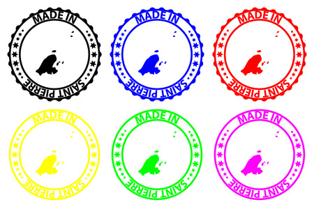 Made in Saint Pierre - rubber stamp - vector, Saint Pierre map pattern - black, blue, green, yellow, purple and redのイラスト素材