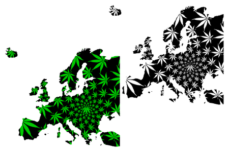 Europe continent - map is designed cannabis leaf green and black, Europe map made of marijuana (marihuana,THC) foliage,のイラスト素材