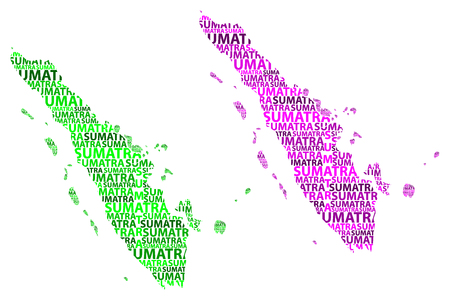 Sketch Sumatra letter text map, Sumatra (Republic of Indonesia, Greater Sunda Islands) - in the shape of the continent, Map Sumatra - green and purple vector illustrationのイラスト素材