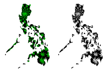 Philippines - map is designed cannabis leaf green and black, Republic of the Philippines ( Luzon, Visayas, Mindanao) map made of marijuana (marihuana,THC) foliage,のイラスト素材