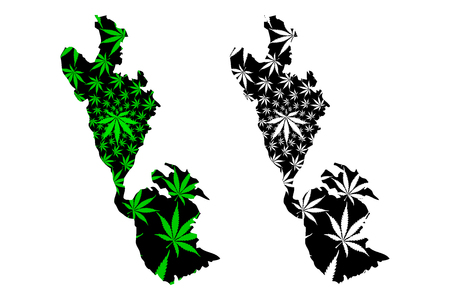 Ithaca - map is designed cannabis leaf green and black, Ithaki or Ithaka island map made of marijuana (marihuana,THC) foliage,のイラスト素材
