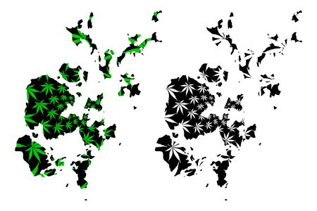 Orkney Islands (United Kingdom, Scotland, Local government in Scotland) map is designed cannabis leaf green and black, Orkney (Northern Isles) map made of marijuana (marihuana,THC) foliageのイラスト素材