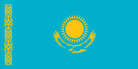 National Flag Republic of Kazakhstan, Kazakh or Qazaq flag, gold sun with above a soaring steppe eagle, both centered on a sky blue field, hoist side displays national ornamental pattern koshkar-muizのイラスト素材