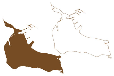 Port island (Gdansk Bay, Republic of Poland) map vector illustration, scribble sketch Port mapのイラスト素材