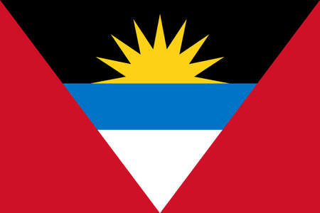 National Flag Antigua and Barbuda, horizontal tri-colour of black, blue, and white, with two red right scalene triangles on opposite sides. On the black band is a yellow half-sun with nine raysのイラスト素材