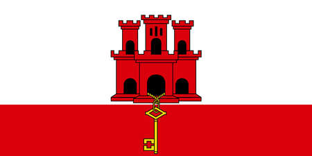 National Flag of Gibraltar, British Overseas Territory, White with a red stripe at the bottom with a three-towered, two-tiered red castle in the white section, the middle tower hangs a gold keyのイラスト素材