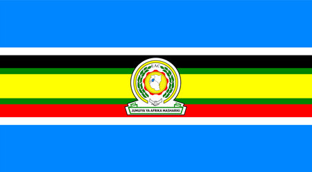 East African Community (EAC), blue background with a thin yellow stripe fimbrated in green, overtop two thin stripes of black and red, fimbriated in white, center of the stripes is the emblemのイラスト素材
