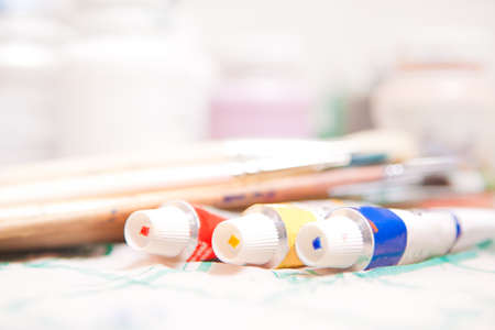 acrylic color paints dedicated for body art painting and ornament decoration on human body and face, tubes and brushesの写真素材