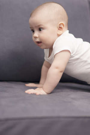 loverly portrait of a newborn toddler on a sofaの写真素材