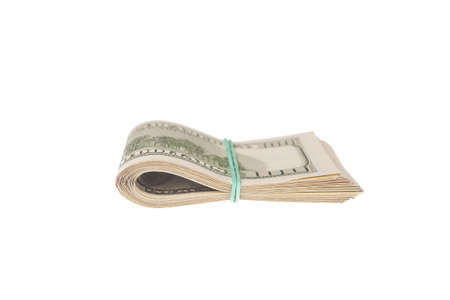 us dollars bound with rubber isolated on white.profile viewの写真素材