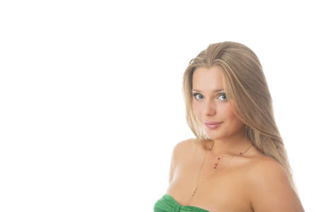 cute portrait of sensual caucasian blond girl with natural long hair against a pure white background
