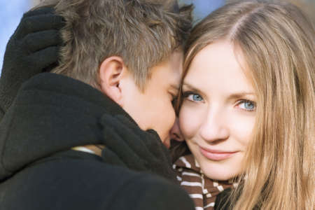 portrait of young  couple close intimate relationships outdoorの写真素材