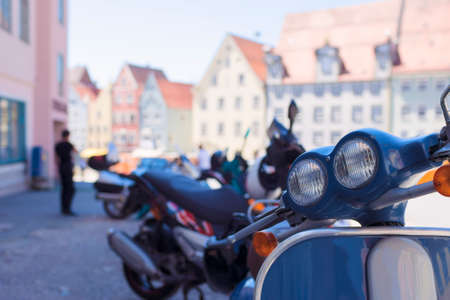 Lots Of Motorbikes in a Raw In Front of Old house in  a Big German Cityの写真素材