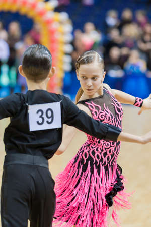 MINSK-BELARUS, FEBRUARY, 9: Unidentified Dance couple performs Juvenile-1 Latin-American program on...