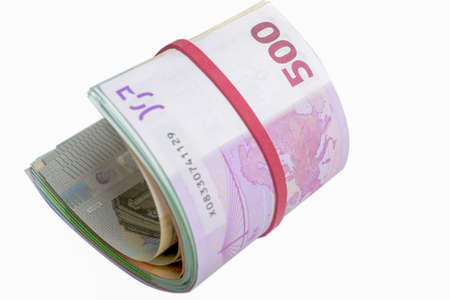 Bundle of European Currency Banknotes isolated Over Pure White Background. Horizontal Image