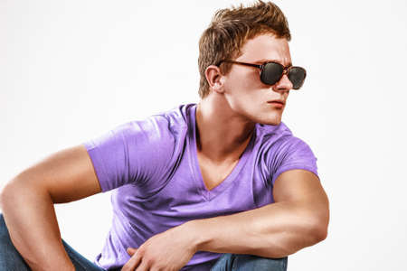 Closeup of Staring Extremely Tanned Caucasian Handsome Man. Horizontal Imageの写真素材