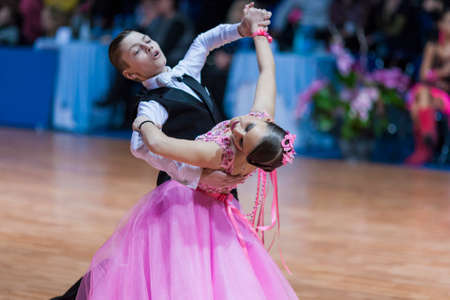Minsk, Belarus âFebruary 14, 2015: Baboshin Anton and Milovidova Yana Perform Juvenile-1 Standard European Program on IDSA World Professional 10 Dance Championship on February 14, 2015, in Minsk, Republic of Belarusのeditorial素材