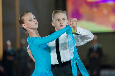 Minsk, Belarus-September 26, 2015: Zakharchenko Oleksiy and Vasina Anna  Perform Juvenile-1 Standard Program on III International IDSA World Dance Championship Capital Cup Minsk- 2015 on September 26, 2015, in Minsk, Belarusのeditorial素材