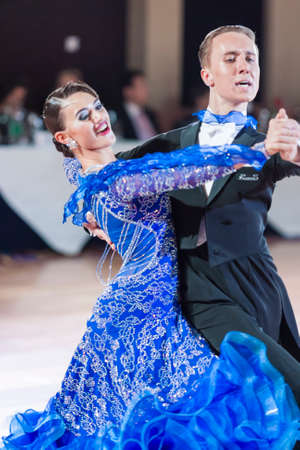 Minsk, Belarus-September 26, 2015: Kaliuzhnyy Vitaly and Kaletnik Vladyslava Perform Youth Standard Program on III International IDSA World Dance Championship Capital Cup Minsk- 2015 on September 26, 2015, in Minsk, Belarusのeditorial素材