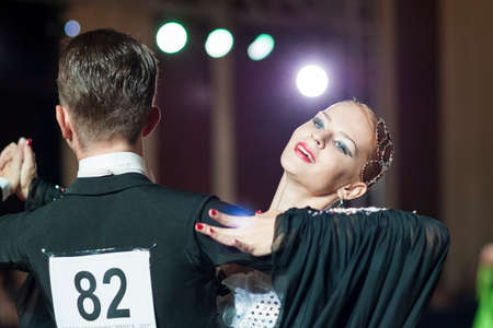 Minsk, Belarus-September 26, 2015: Saliy Miron and Demeschuk Alisa Perform Youth-2 Standard Program on III International IDSA World Dance Championship Capital Cup Minsk- 2015 on September 26, 2015, in Minsk, Belarusのeditorial素材