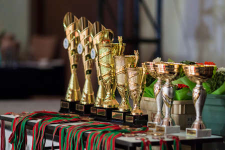 Minsk, Belarus-September 27, 2015: IDSA Dance Championship Capital Cup Minsk- 2015 Award Cups Lineup Prepared in Line Shot on September 27, 2015,in Minsk, Belarusのeditorial素材